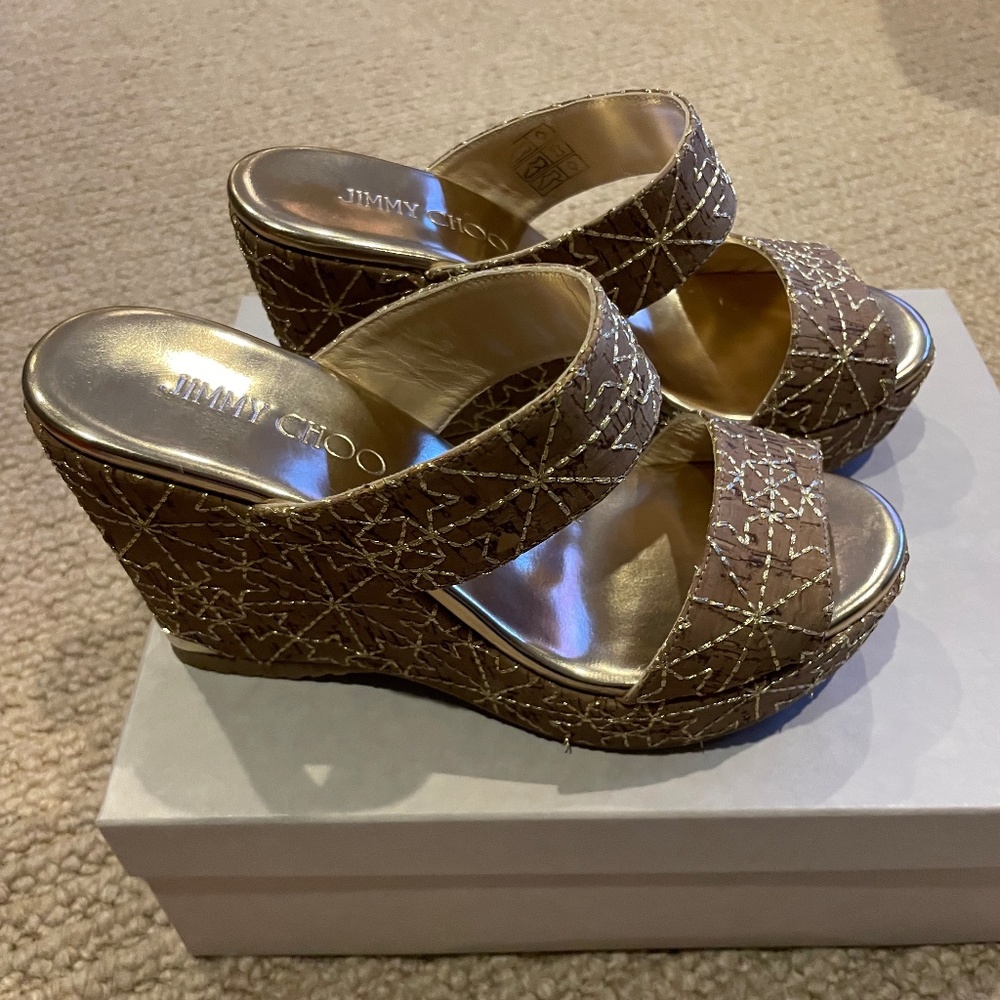 Jimmy Choo , Size 37, Natural/Gold Wedge Sandals